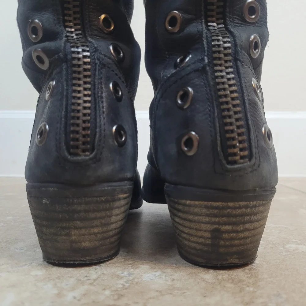 Naughty Monkey Boots 9 Black Leather OTK Grommet Rocker Biker Moto Boho Tall